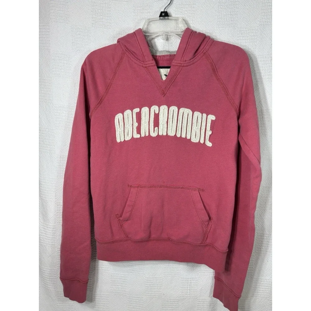 Abercrombie & Fitch Y2K Hoodie Women‎ Pink Embroidered Sweatshirt Fleece Size XL